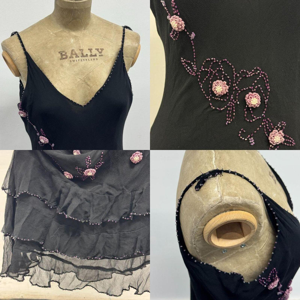 Vintage Y2K I.C.E. 3D Beaded Floral Black Silk Midi Dress