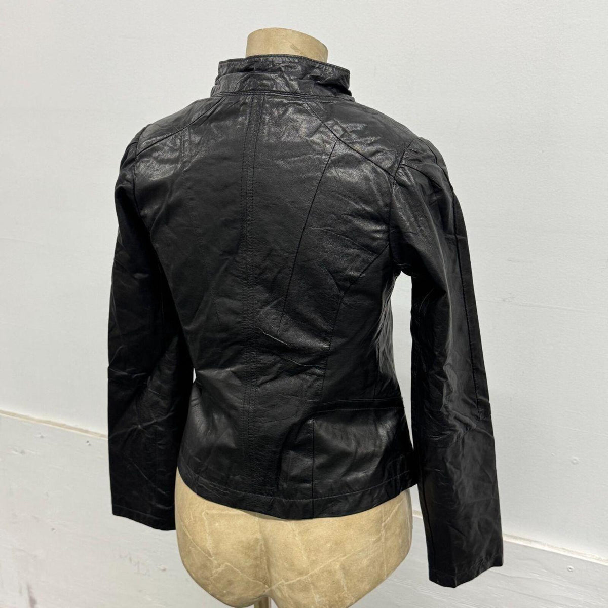 Vintage Black Funnel Neck Asymmetric Avant Garde Leather Jacket