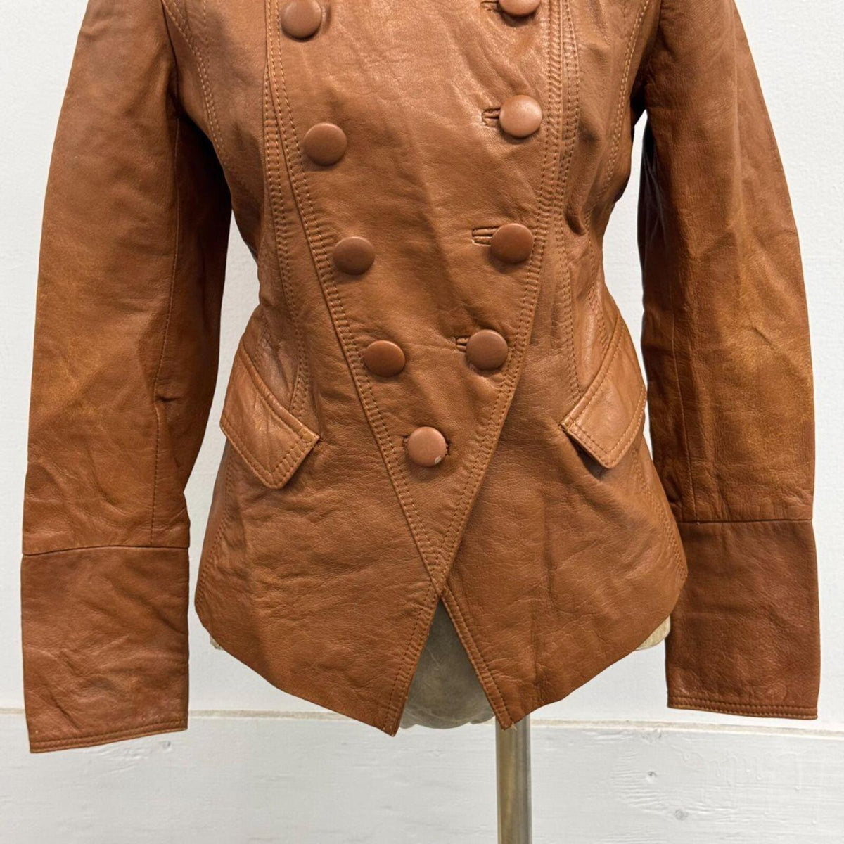Vintage Cognac Brown Military Funnel Neck Leather Jacket