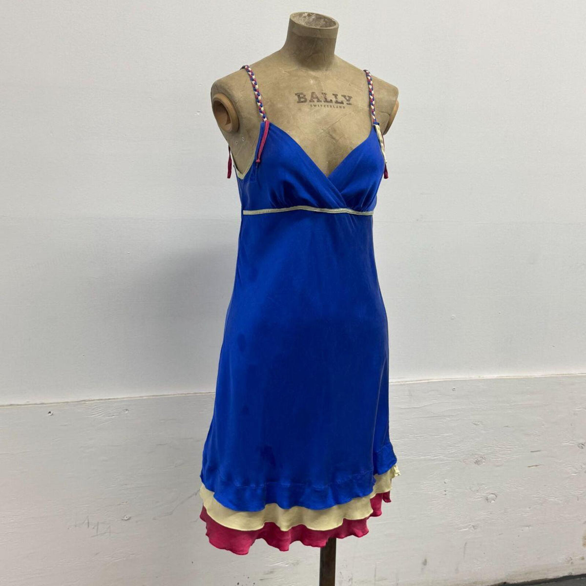 Vintage Y2K Cobalt Blue Silk Triple-Tiered Ruffle Slip Dress