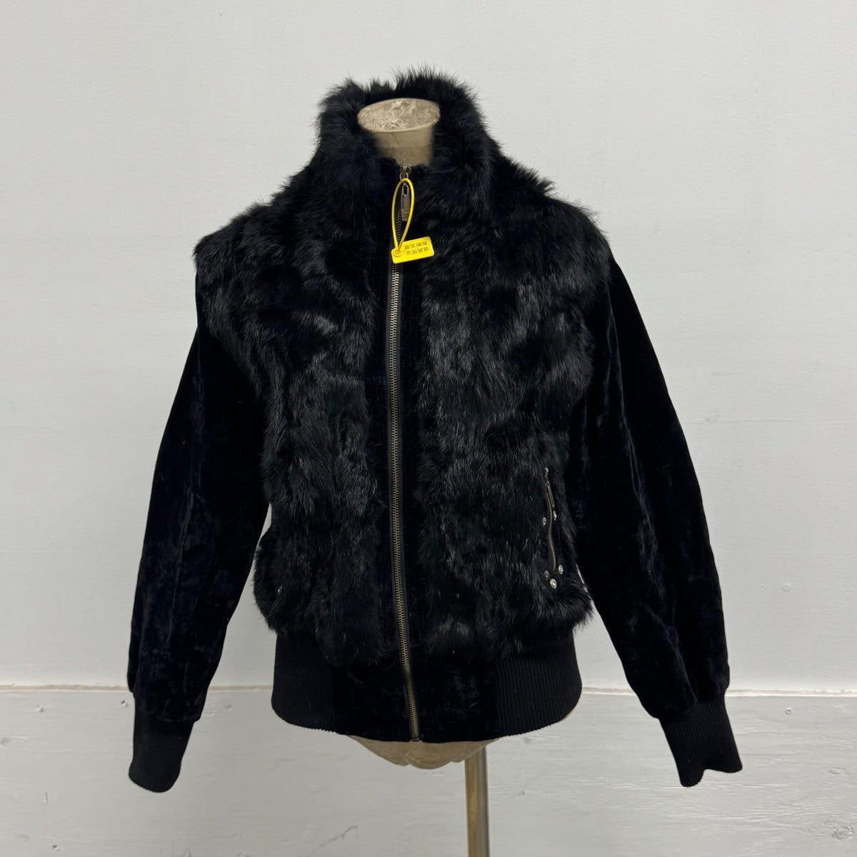 Vintage Y2K Black Plush Rabbit Fur & Velvet Zip-Up Bomber Jacket