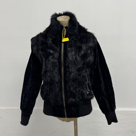 Vintage Y2K Black Plush Rabbit Fur & Velvet Zip-Up Bomber Jacket