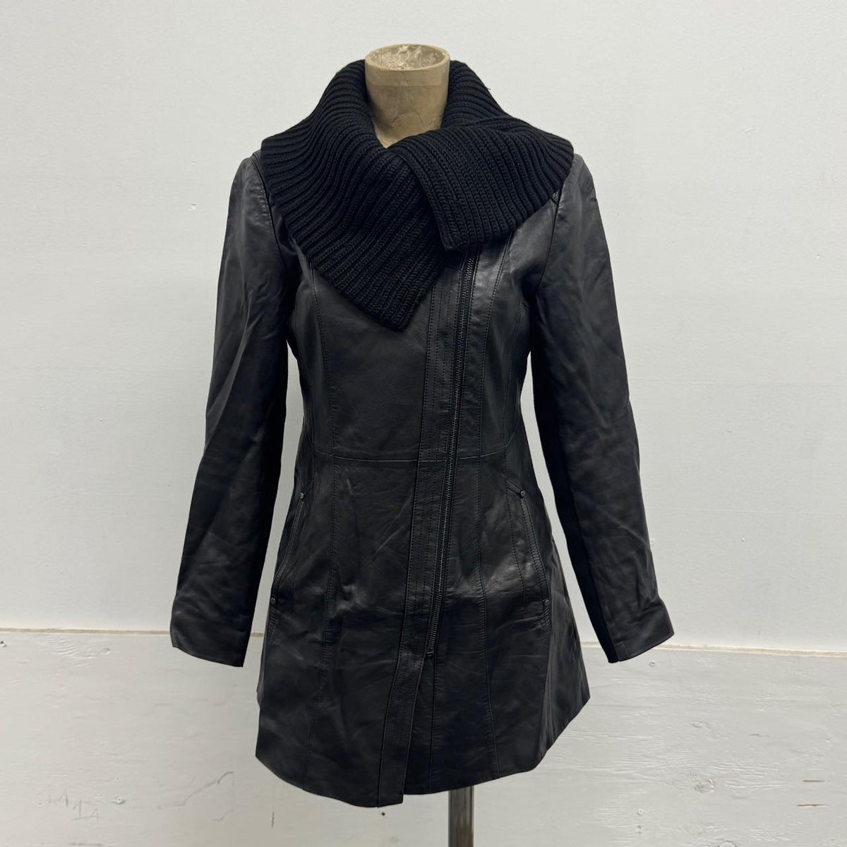 Vintage Black Knit Funnel Neck Longline Avant Garde Leather Jacket