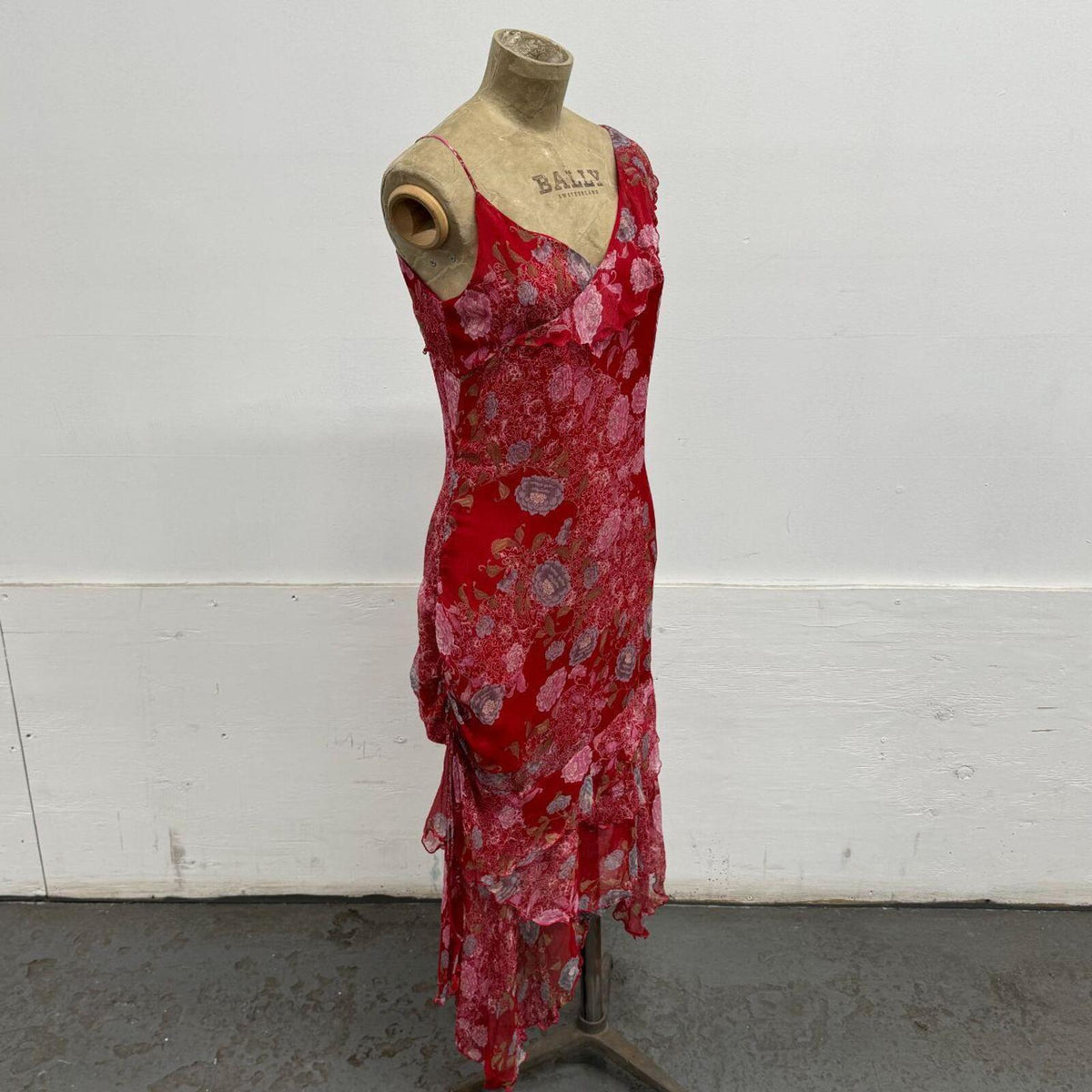 Vintage Etam Silk Floral Asymmetric Layered Dress Red Y2K