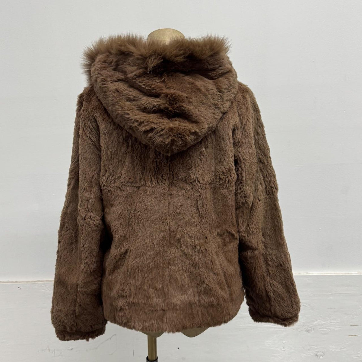 Vintage Y2K Reversible Hooded Brown Rabbit & Fox Fur Jacket Coat