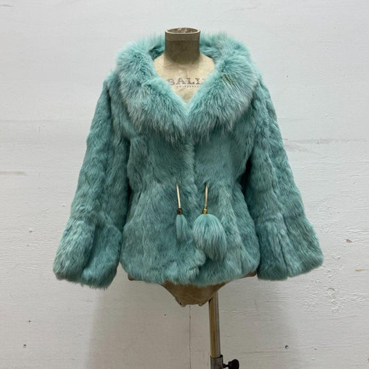 Y2K Vintage Turquoise Blue Rabbit & Fox Fur Pom Pom Jacket Coat