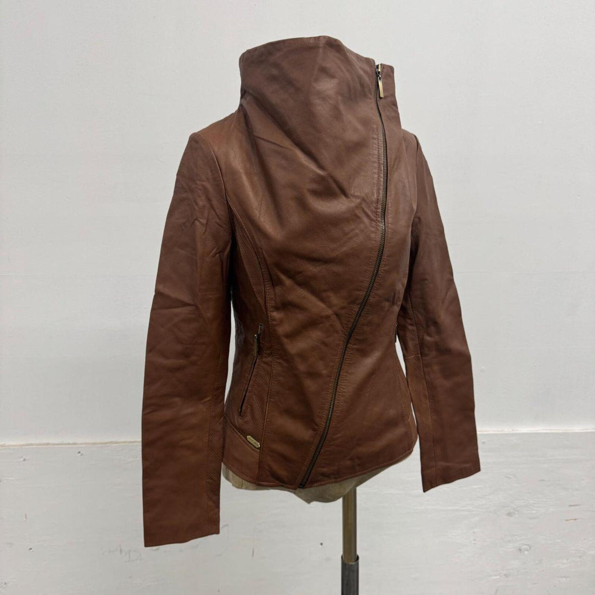 NWT Vintage ONLY Chestnut Leather Funnel Neck Jacket