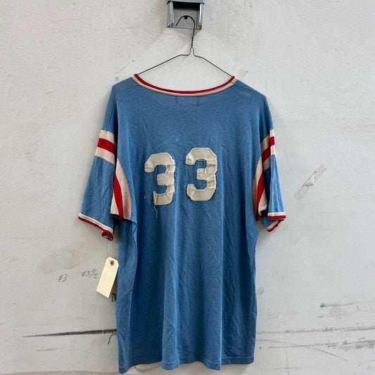 Vintage 1970s Faded Blue Stitched Patch "33" Ringer Athletic Jersey