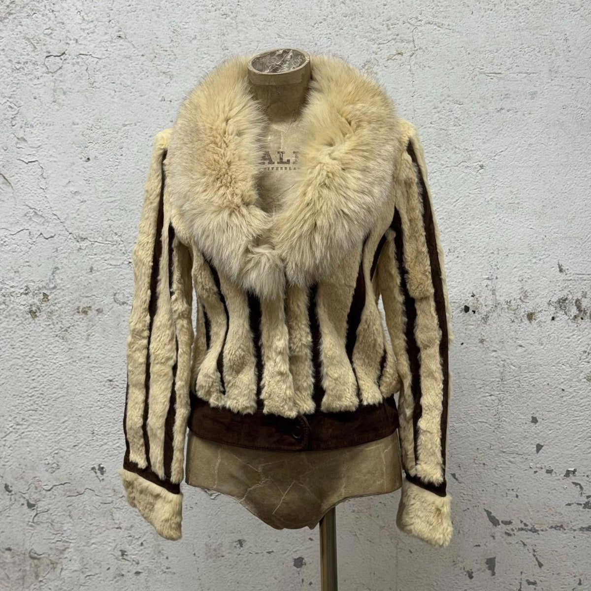 Vintage Y2K Striped Rabbit Fur & Suede Jacket Fox Collar Coat