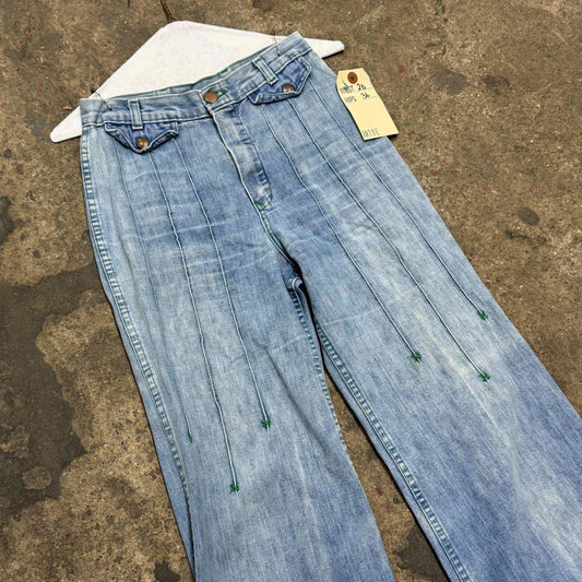 Vintage 70s Light Wash Jeans High Rise Pintuck Flares S