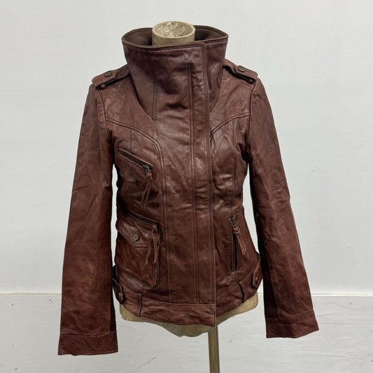 Vintage ONLY Cognac Goat Leather Architectural Funnel Neck Jacket