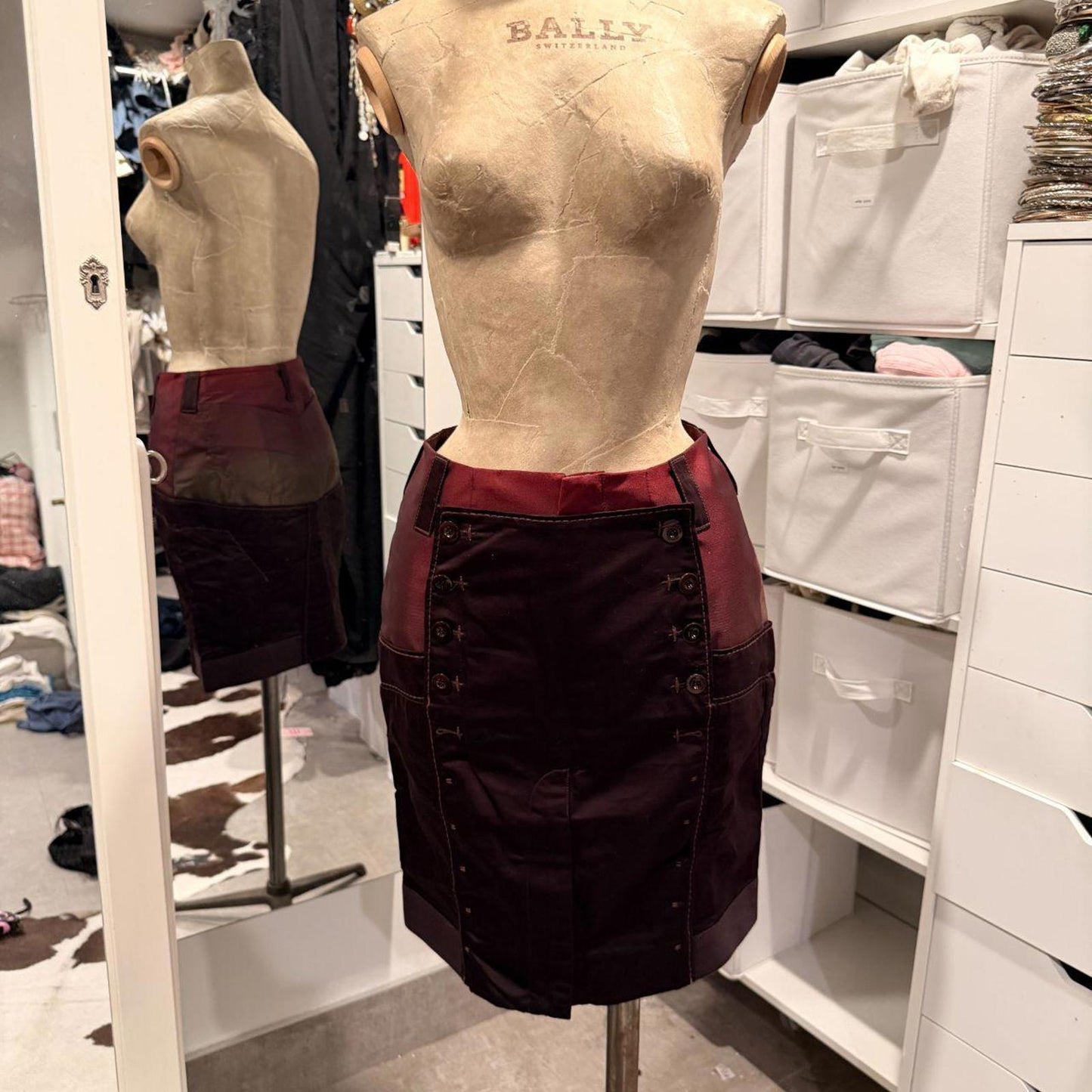 Marithe Francois Girbaud Burgundy Color Block Sailor Button Skirt - Size XS