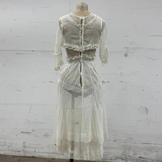 Edwardian Vtg 1910s White Lace Tulle Lingerie Dress Antique
