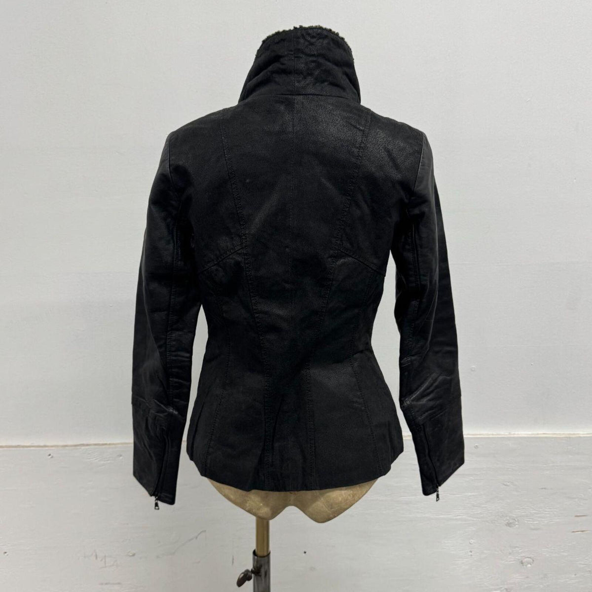 Vintage Black Funnel Neck Asymmetric Faux Leather Jacket Blink