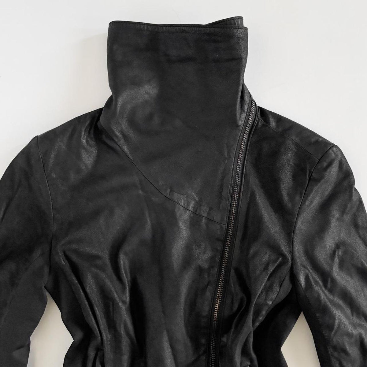 Vintage Asymmetric Avant Garde Cowl Neck Leather Moto Jacket