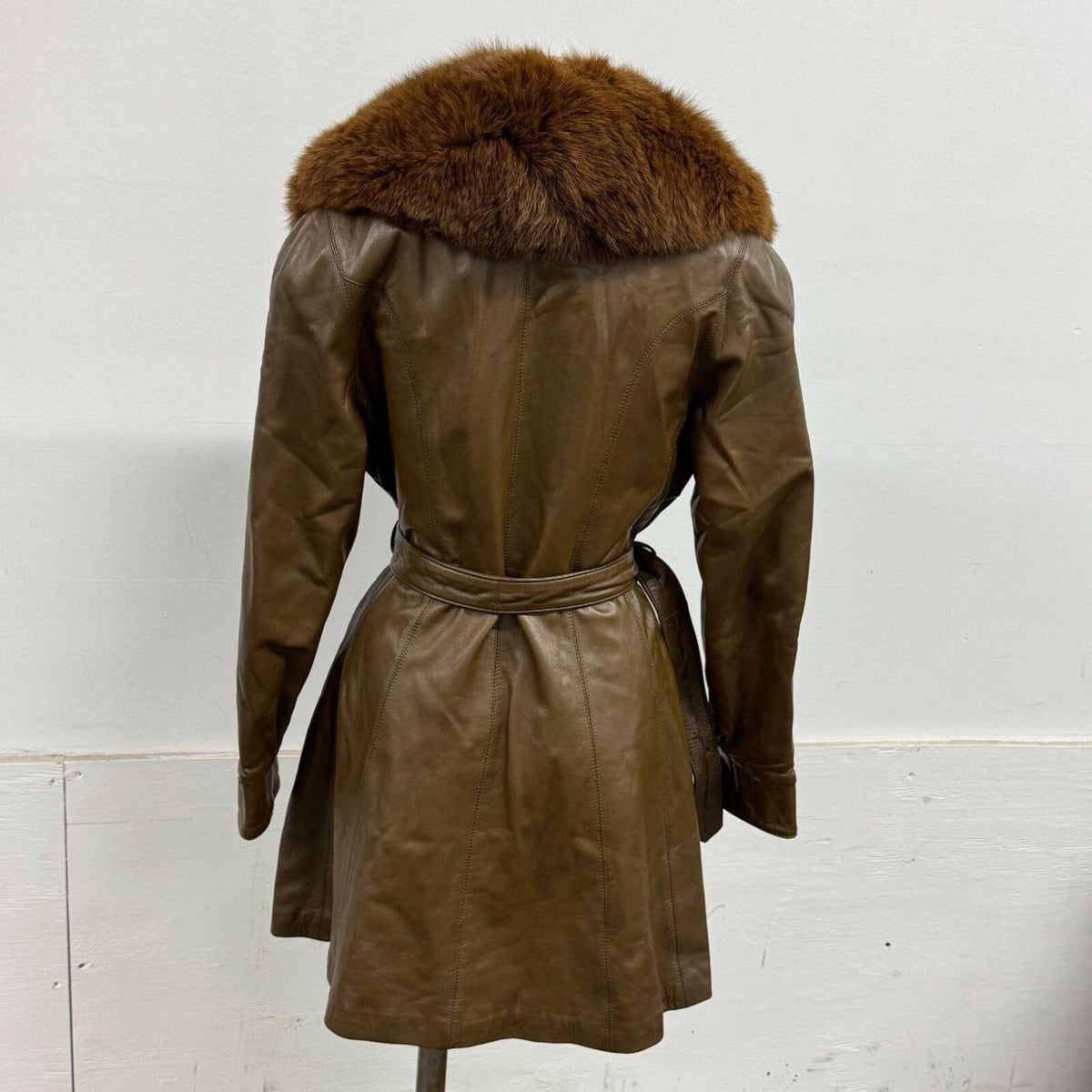 Vintage Y2K Brown Real Leather & Fox Fur "Mob Wife" Trench Coat