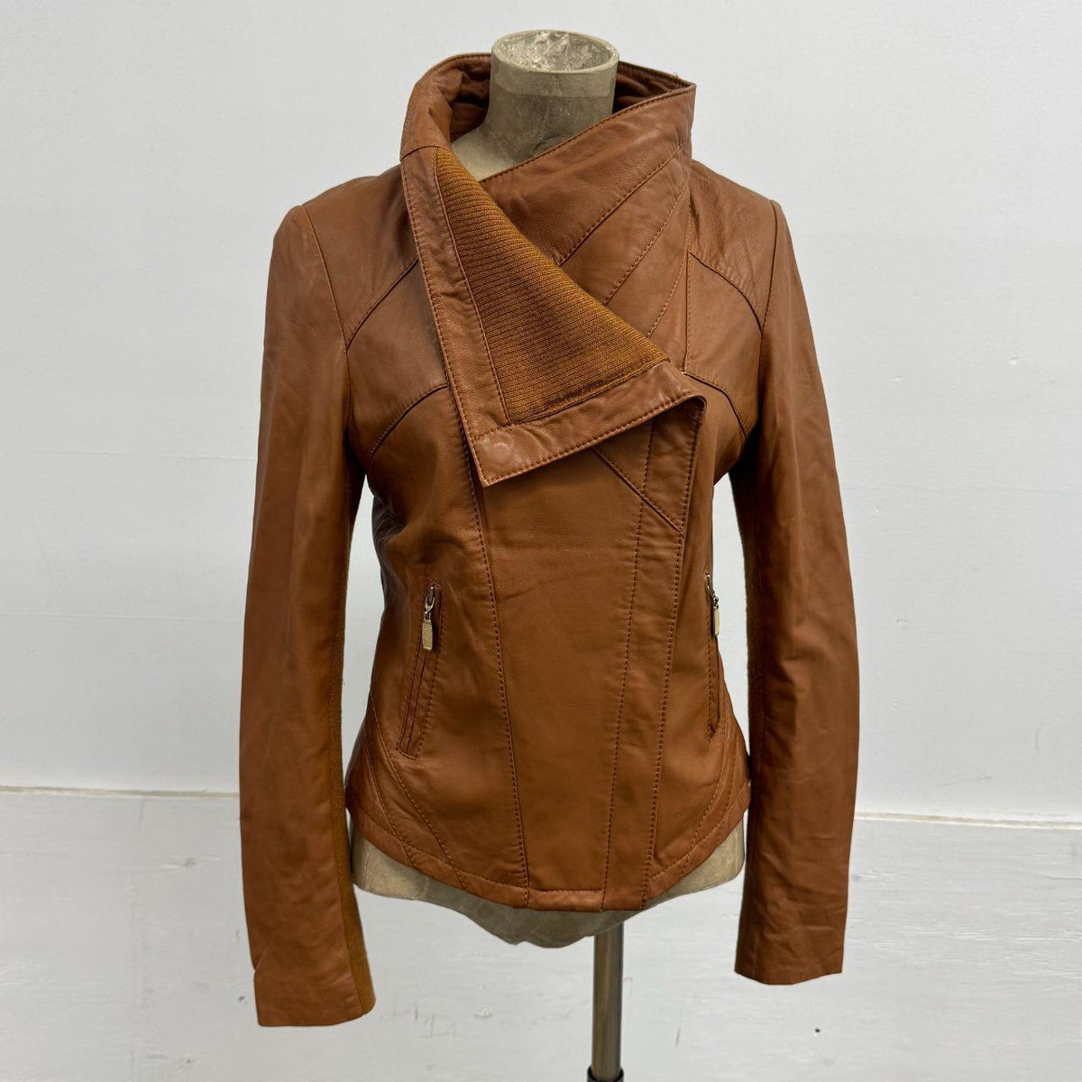 Vintage Tan Brown Funnel Neck Asymmetric Avant Garde Leather Jacket