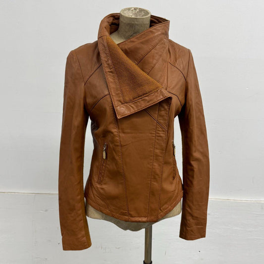 Vintage Tan Brown Funnel Neck Asymmetric Avant Garde Leather Jacket