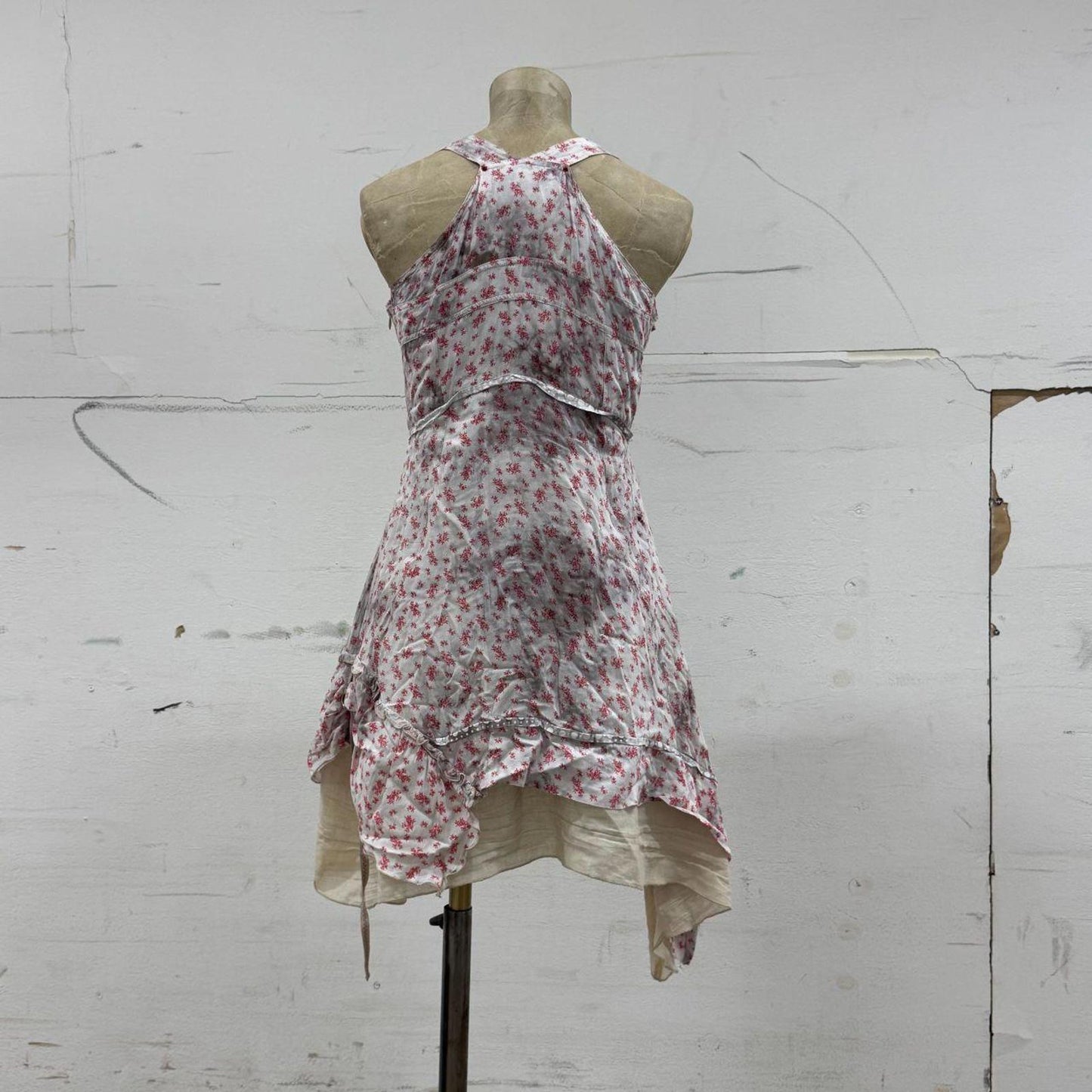 Vintage European Avant Garde Floral Cotton Red Grey White Mini Dress