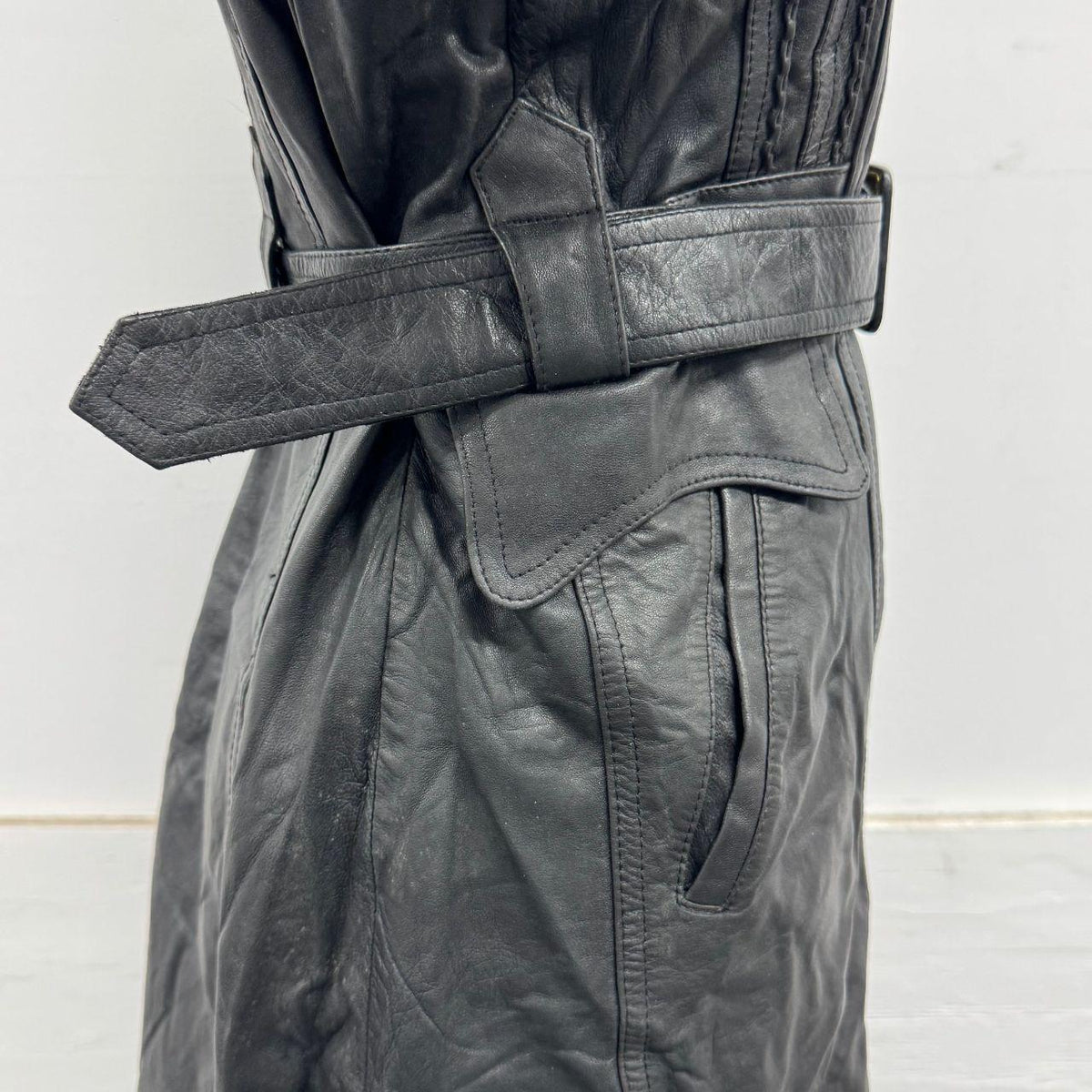 Vintage Genuine Black Leather Military Trench Duster Coat with Belt
