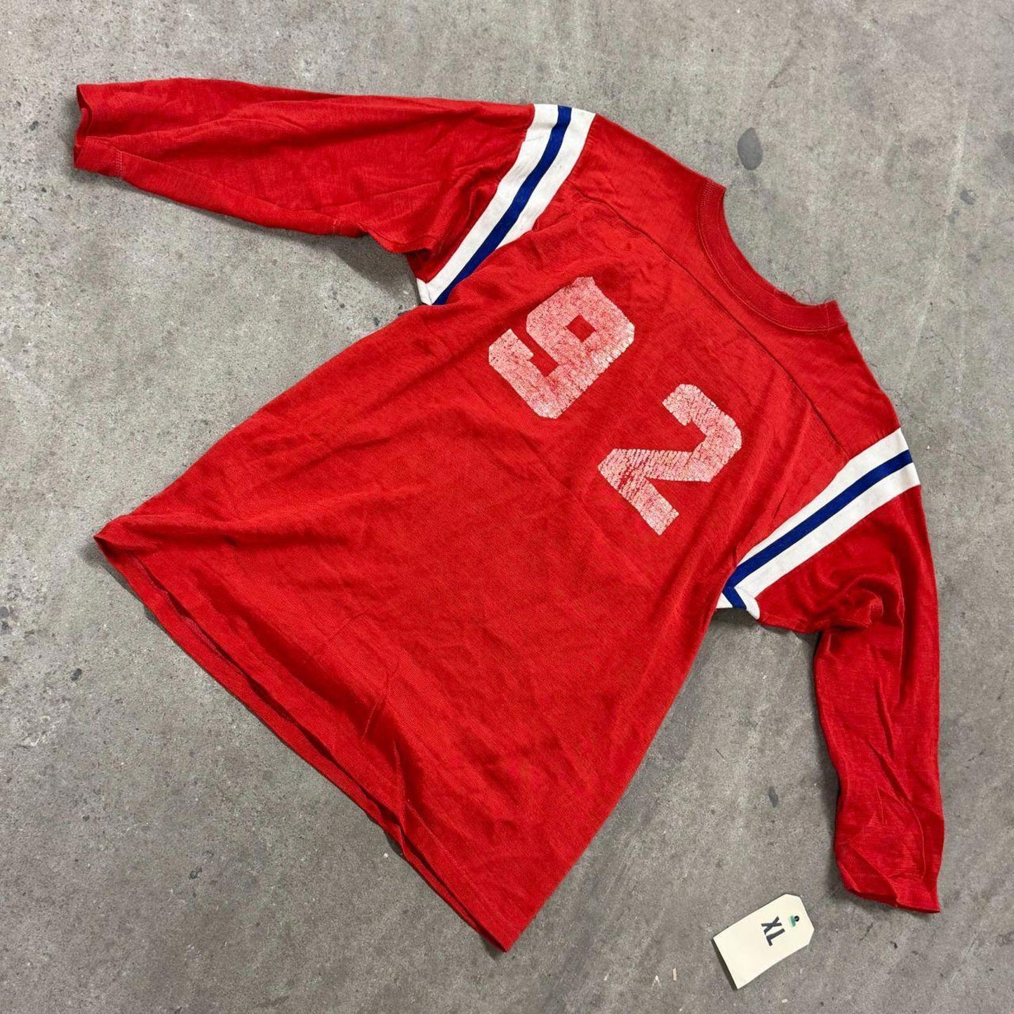 Vintage 50s60s Thrashed Football Practice Jersey Longsleeve Tee 92 Red Americana