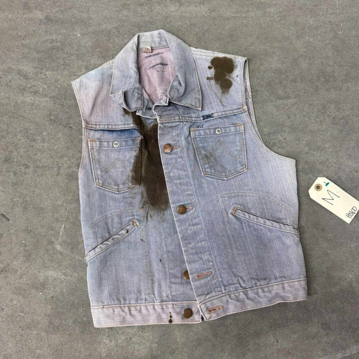 70s Vintage Oil-Stained Denim Vest M Faded Thrashed
