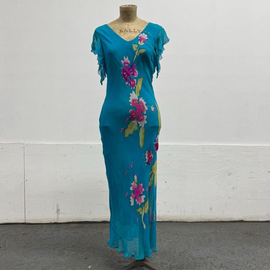 Vintage Y2K Flutter Sleeve Hand-Painted Floral Beaded Silk Maxi Dress