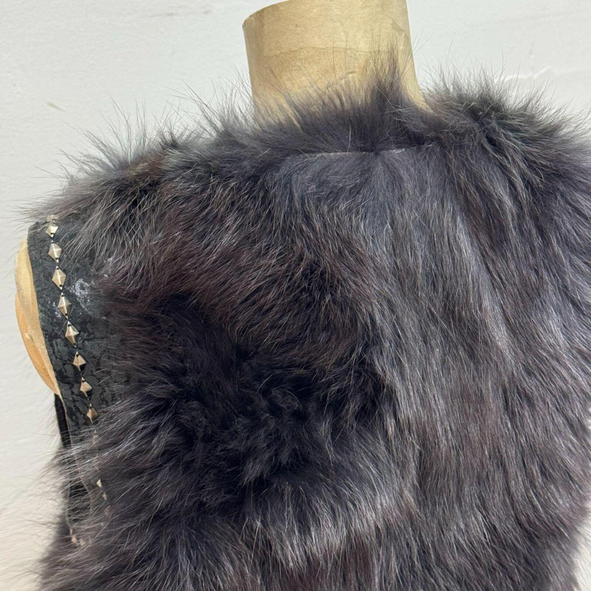 Vintage Charcoal Gray Y2K Studded Fox Fur Statement Vest