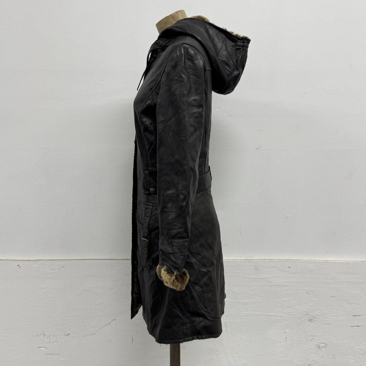 Vintage Y2K SINBOS Leather and Rabbit Fur Hooded Utility Trench Parka