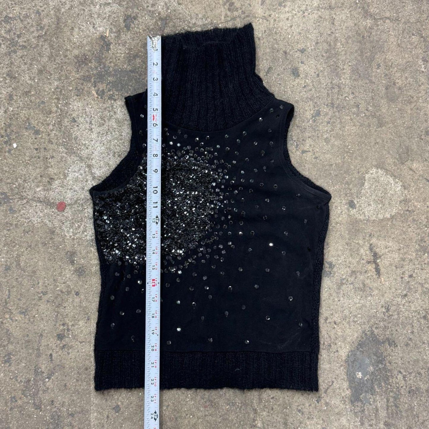Vintage Black Mohair Turtleneck Knit Top with Sequin Panel S