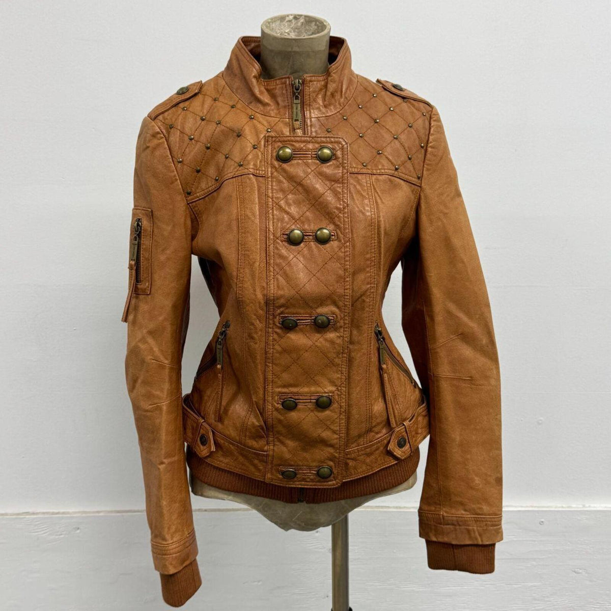 Vintage Tan Cognac Military Style Leather Jacket
