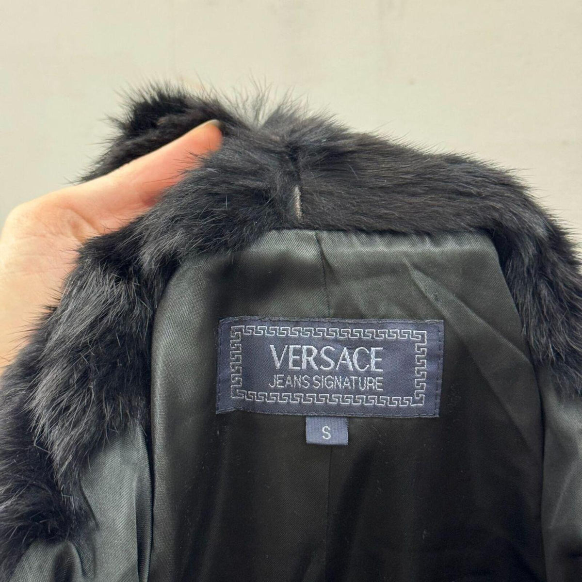 Vintage Y2K Versace Jeans Signature Black Rabbit Fur Jacket Coat