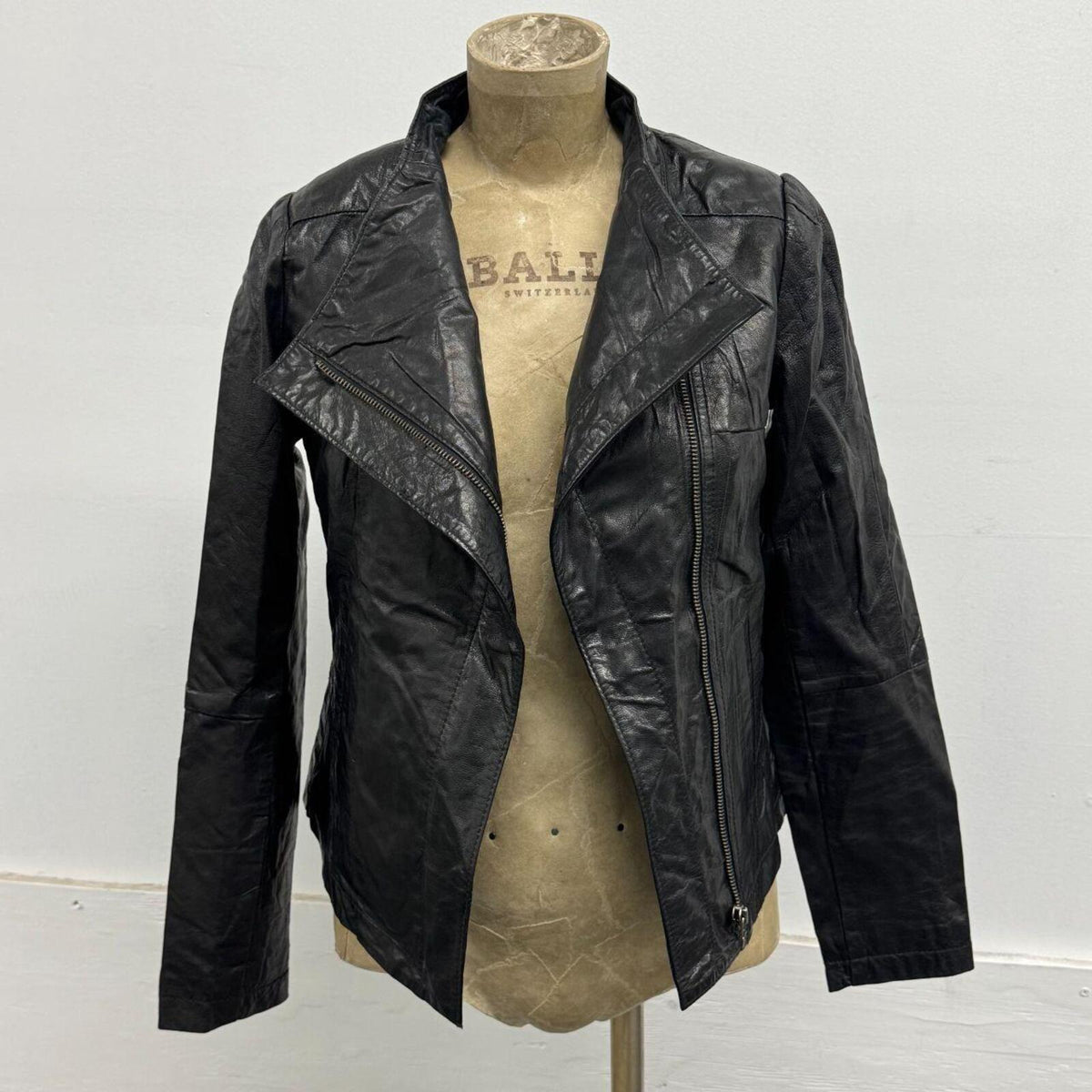 Vintage Black Funnel Neck Asymmetric Avant Garde Leather Jacket