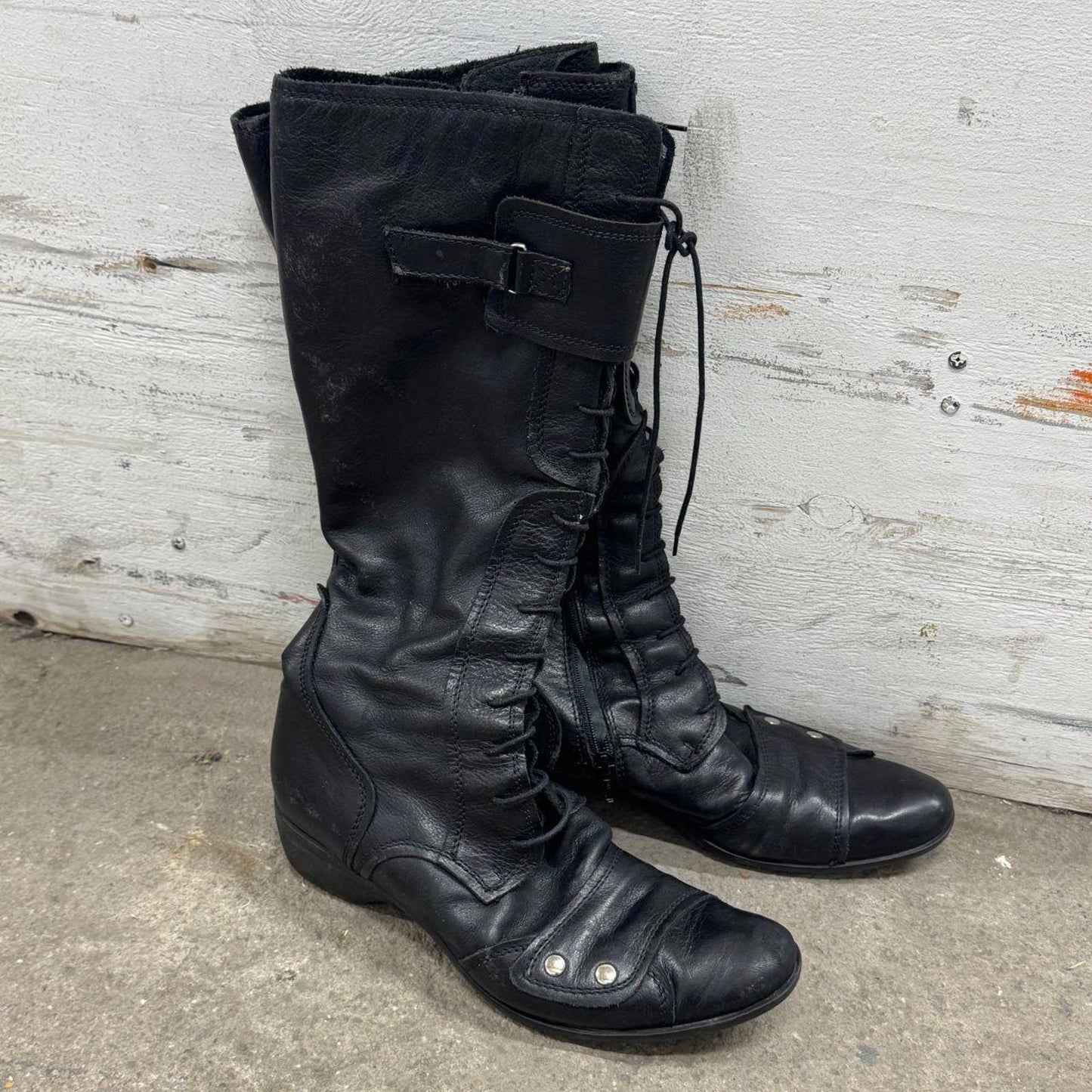 Vintage Luzzi Black Genuine Leather Lace-Up Tall Biker Boots