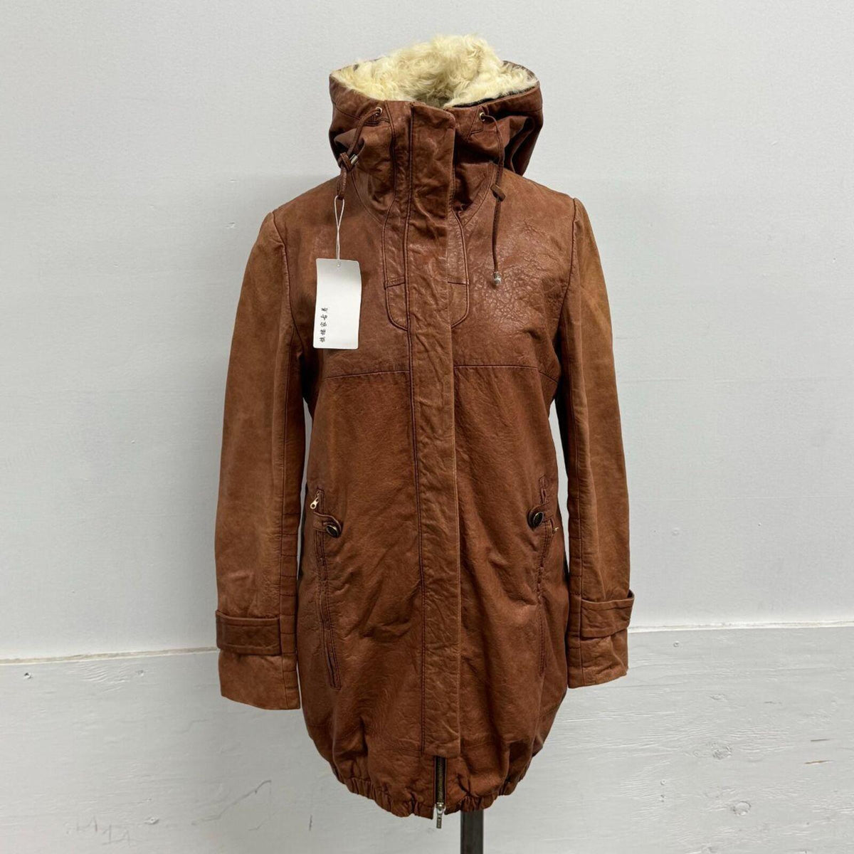 Vintage Tan Funnel Neck Shearling Lined Longline Leather Jacket