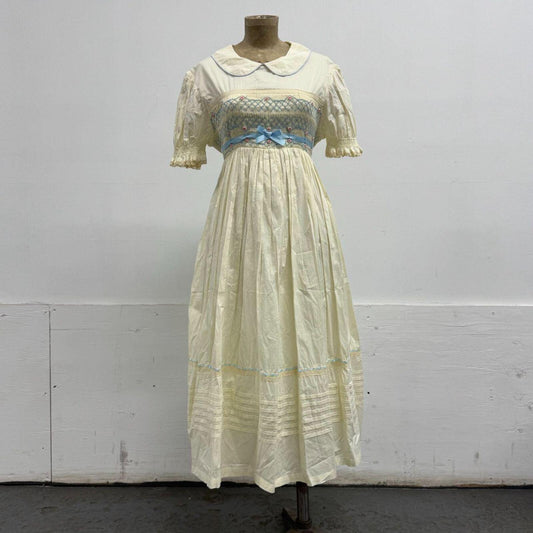 Vintage Cottagecore Smocked Cotton Babydoll Tie Back Dress Cream