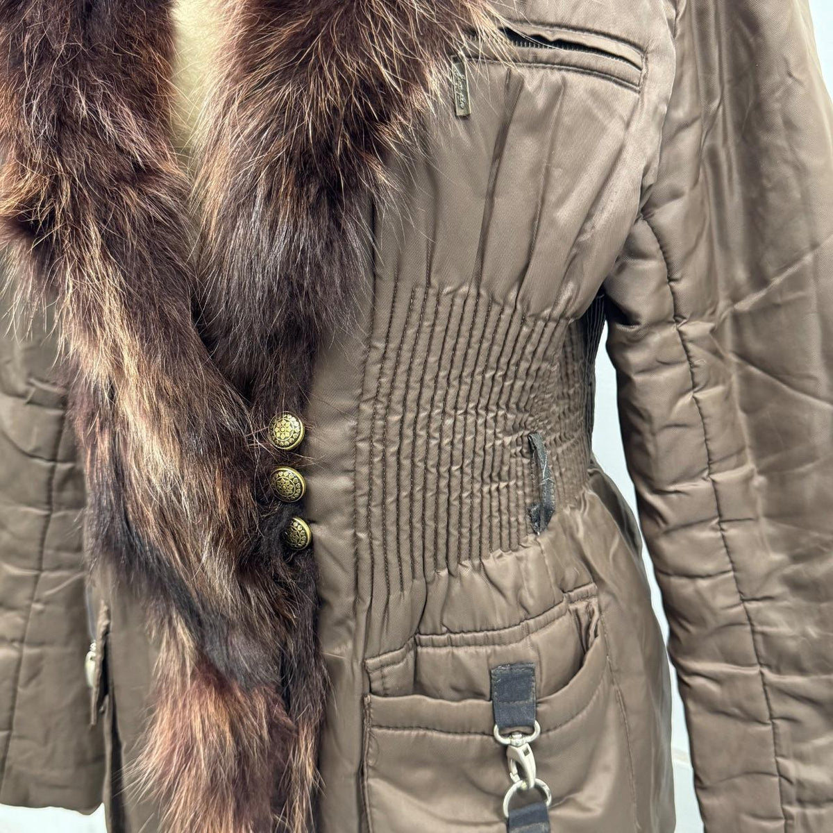 Vintage Y2K Espresso Brown Puffer Jacket with Real Fox Fur Collar Coat