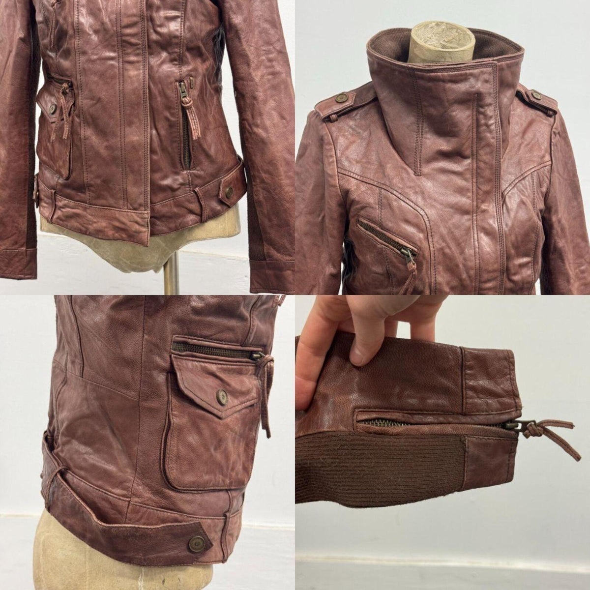 Vintage ONLY Cognac Goat Leather Architectural Funnel Neck Jacket