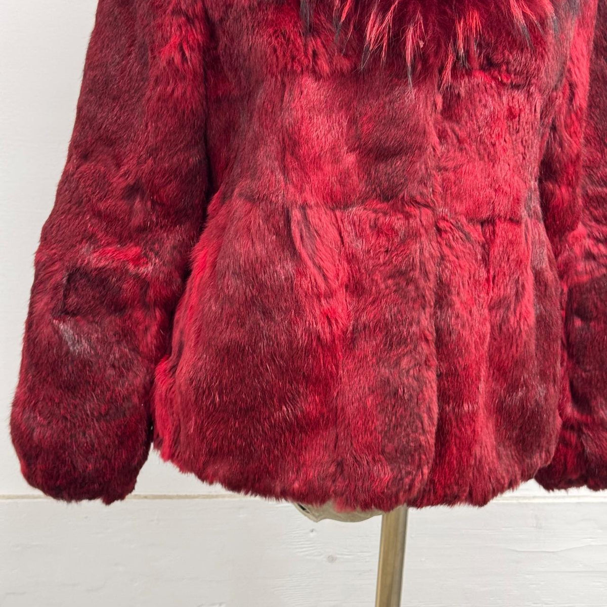 Vintage Burgundy Red Y2K Rabbit & Raccoon Fur Jacket Coat