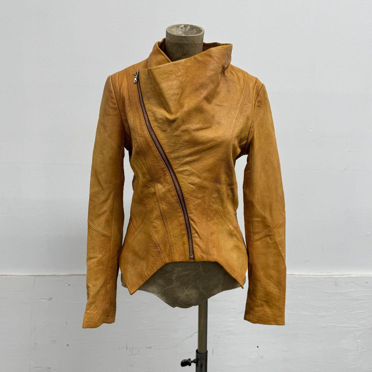 Vintage Tan Funnel Neck Asymmetric Avant Garde Leather Jacket