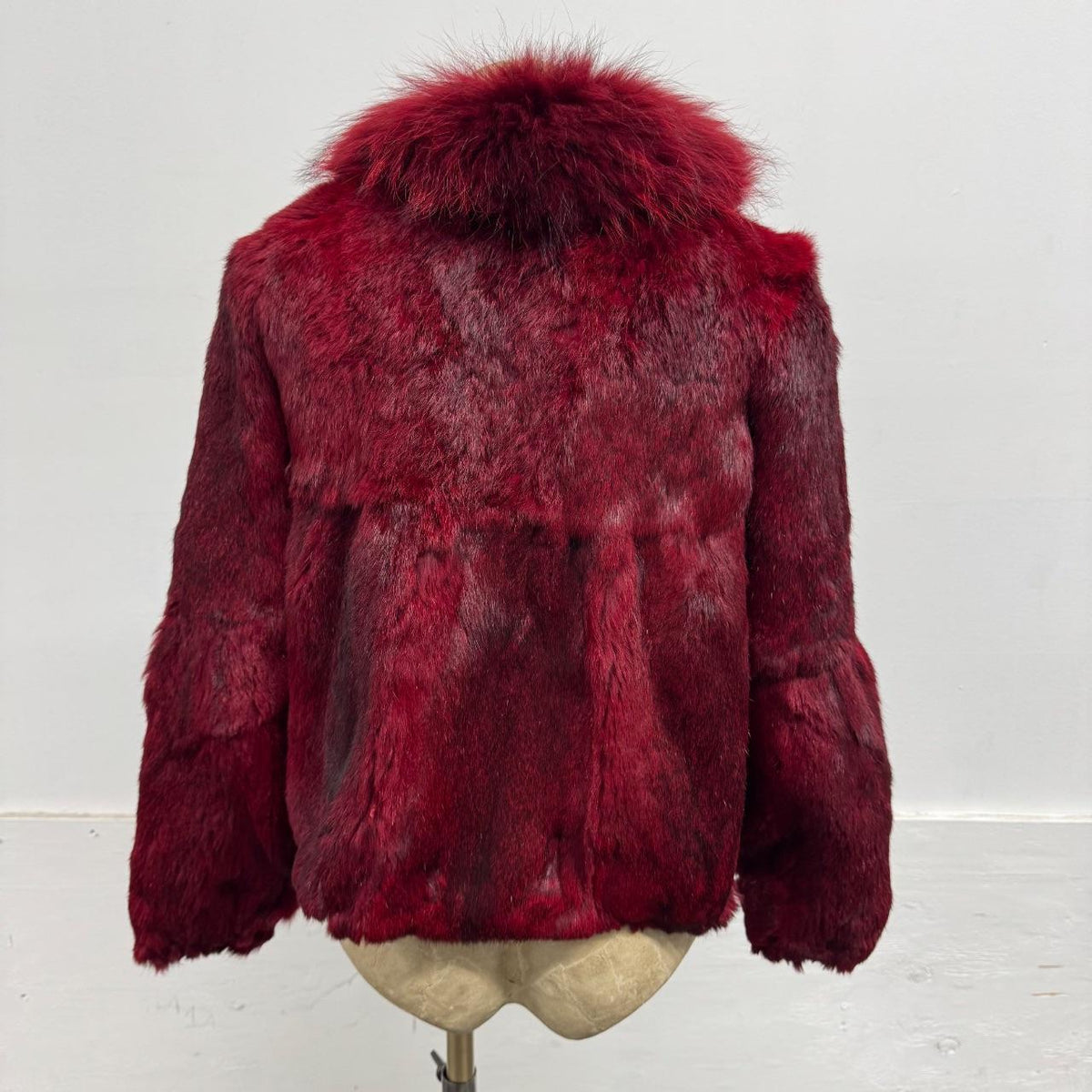 Vintage Burgundy Red Y2K Rabbit & Raccoon Fur Jacket Coat
