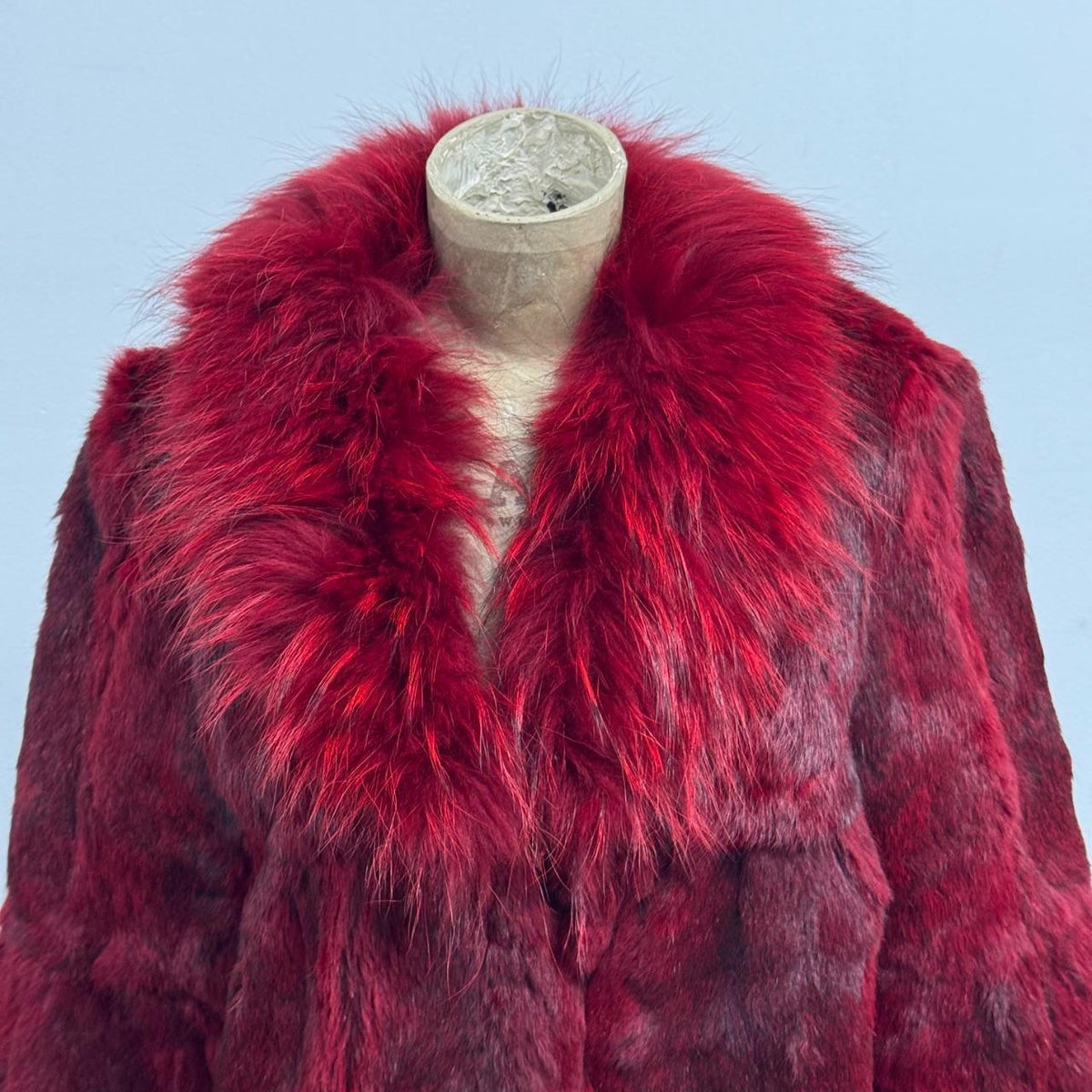 Vintage Burgundy Red Y2K Rabbit & Raccoon Fur Jacket Coat