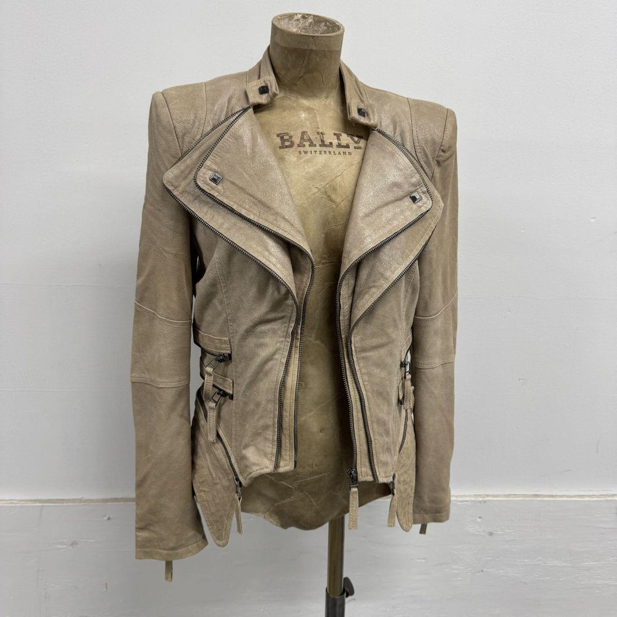 Vintage Beige Funnel Neck Multi-Way Avant Garde Leather Jacket