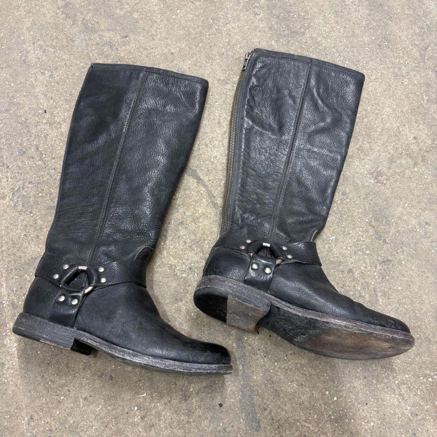 Vintage Black Frye Leather Moto Harness Boots