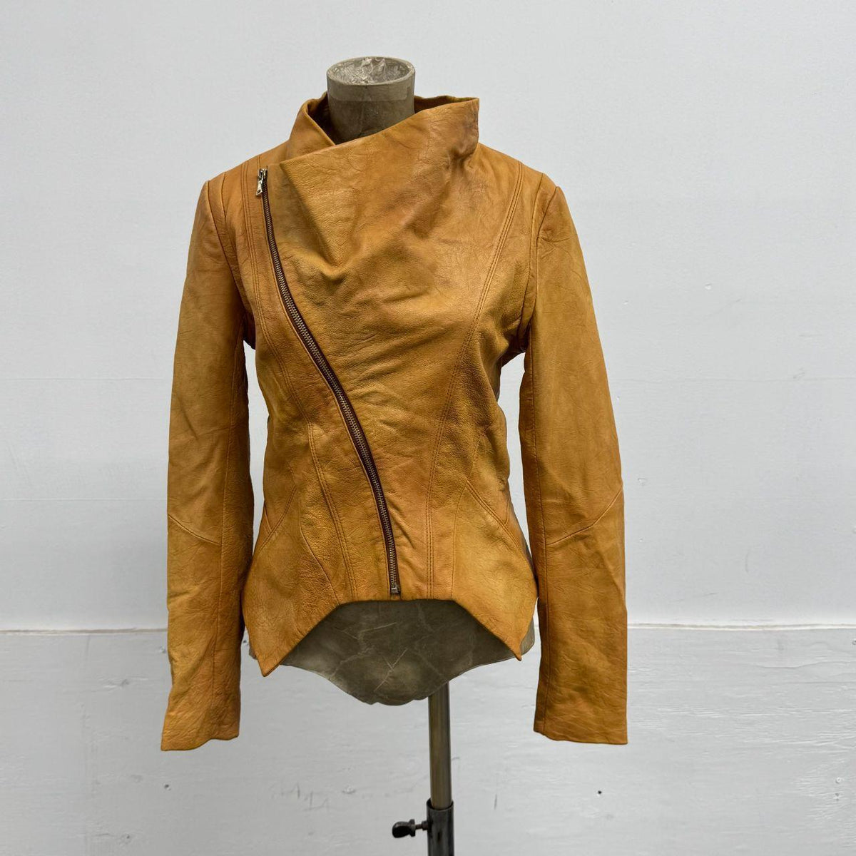 Vintage Tan Funnel Neck Asymmetric Avant Garde Leather Jacket