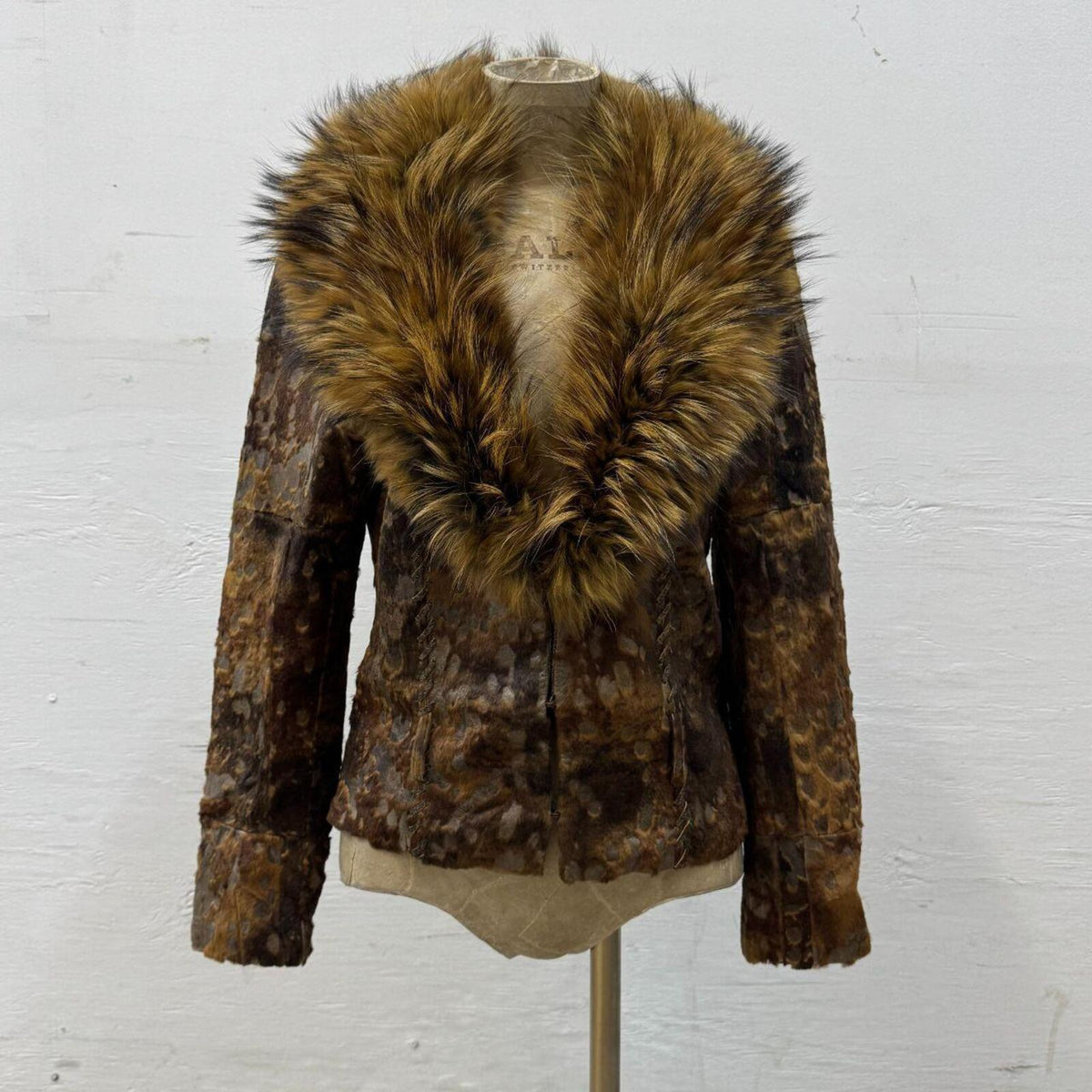 Vintage Y2K Brown Burnout Calfskin & Raccoon Fur Jacket Coat