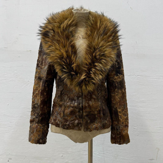 Vintage Y2K Brown Burnout Calfskin & Raccoon Fur Jacket Coat