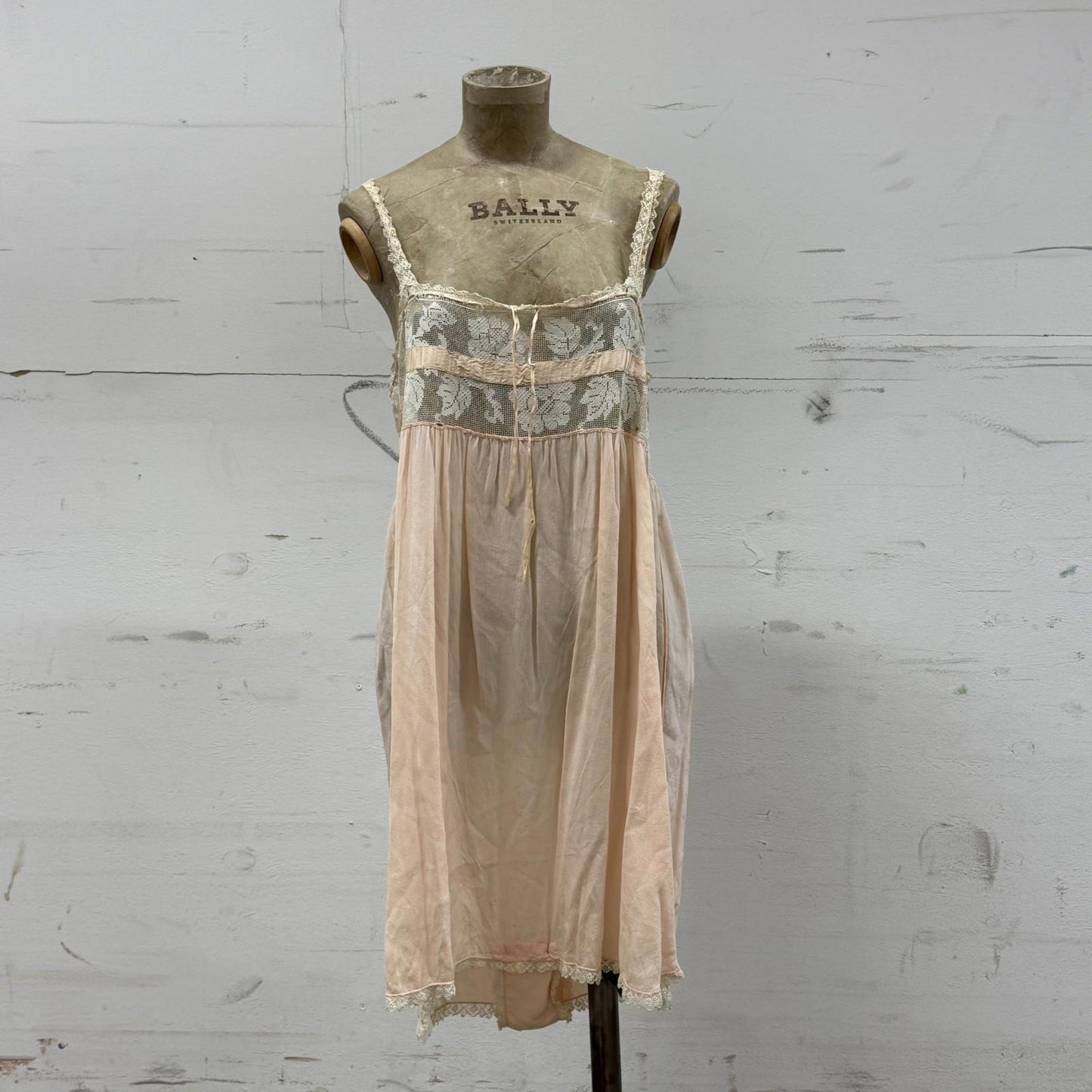 Antique 20s Pink Silk & Filet Lace Step-In Tap Pants Lingerie Teddy Slip Vintage