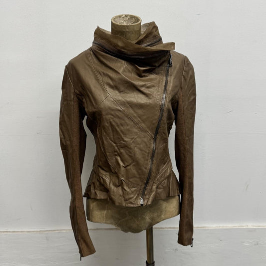 Vintage Brown Funnel Neck Asymmetric Avant Garde Leather Jacket