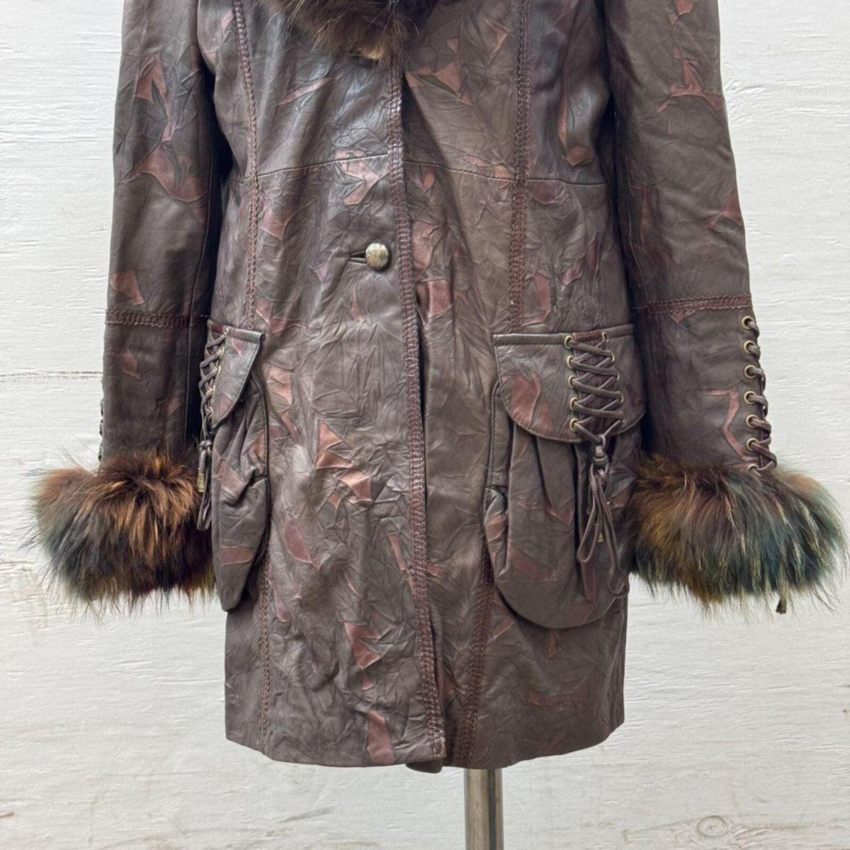 Vintage Y2K Brown Rainbow-Highlight Raccoon & Leather Coat